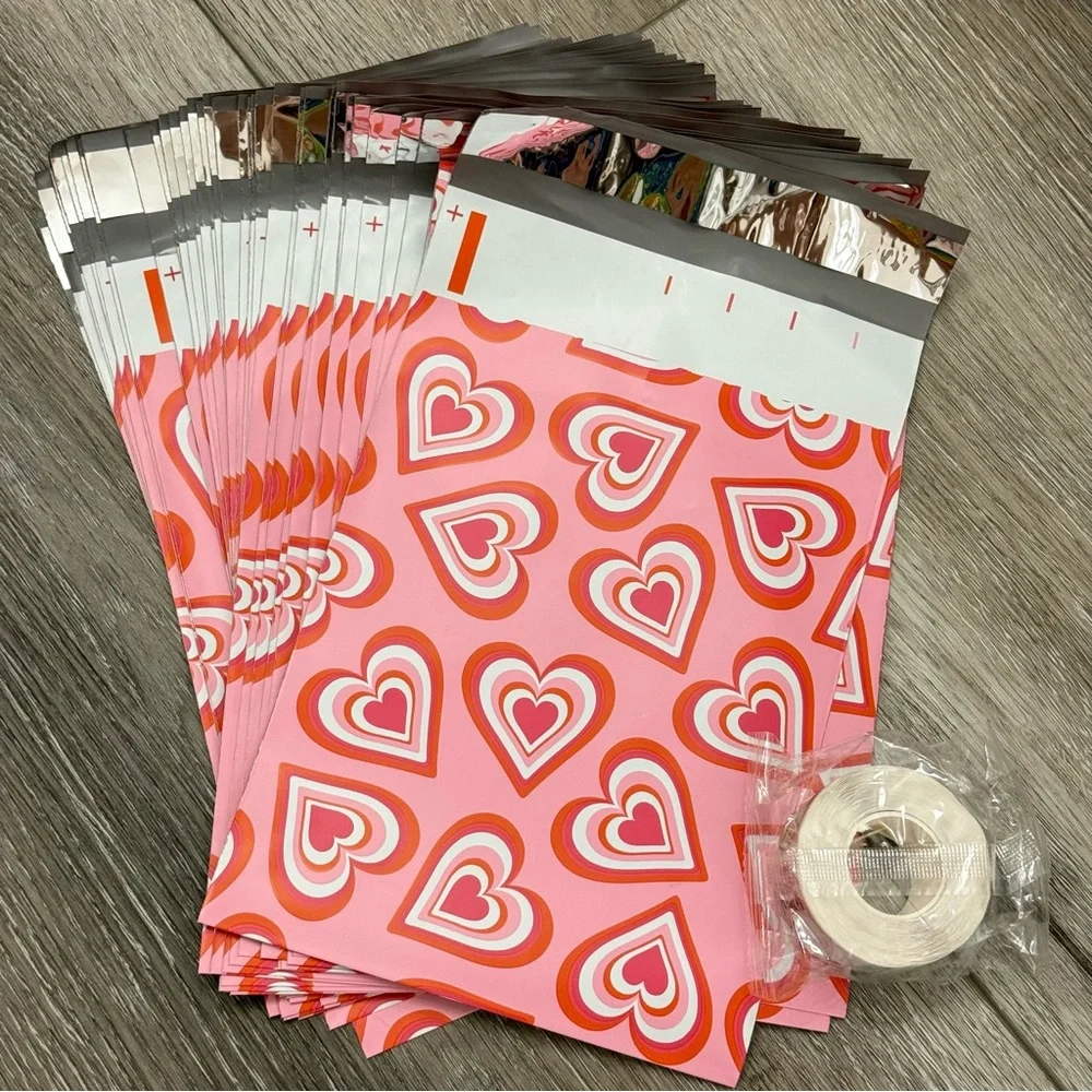 6x9 Poly Mailers 25pc Pink Love Heart Shipping Bags free thank you stickers